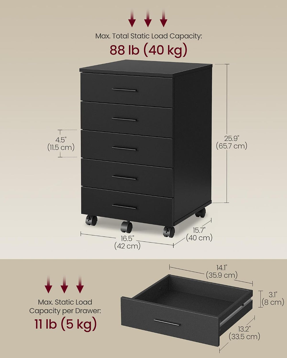 VASAGLE File Cabinet, Mobile Pedestal Filing Cabinet with Wheels