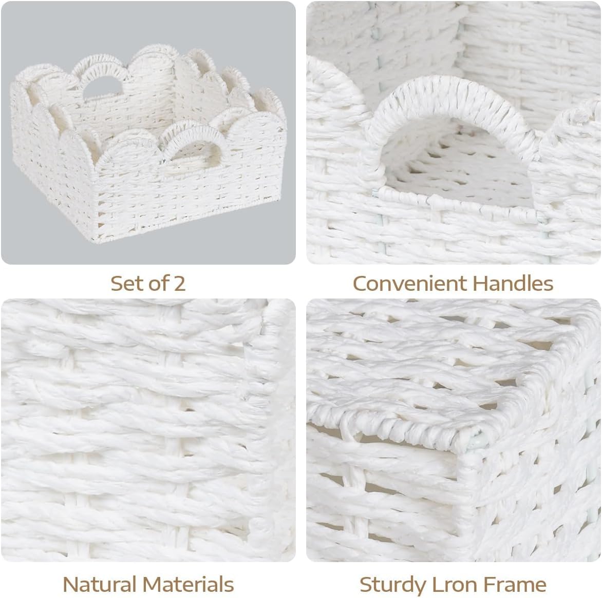 Graciadeco Scalloped Wicker Basket Natural Paper Rope Storage Baskets with Handles Handwoven Organizer Bin Wicker Storage Baskets for Home Decor, Organizing, 2 Pack (White)