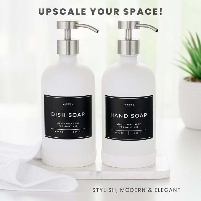 16oz Glass Soap Dispenser with Stainless Steel Pump, 21 Waterproof Labels - Image 3