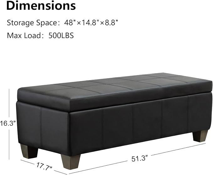 51 Inch Black Faux Leather Ottoman - Image 3