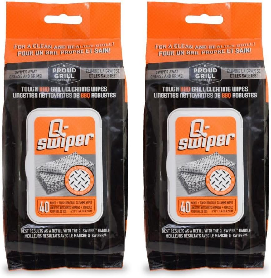 Proud Grill Q-Swiper Easy-Clean Moist, Tough BBQ Grill Cleaning Wipes, 80ct | Bristle-Free BBQ Cleaner, Heavy-Duty Thick Degreaser Wipes, Grease & Grime Remover for Outdoor Barbecue Grills, Disposable