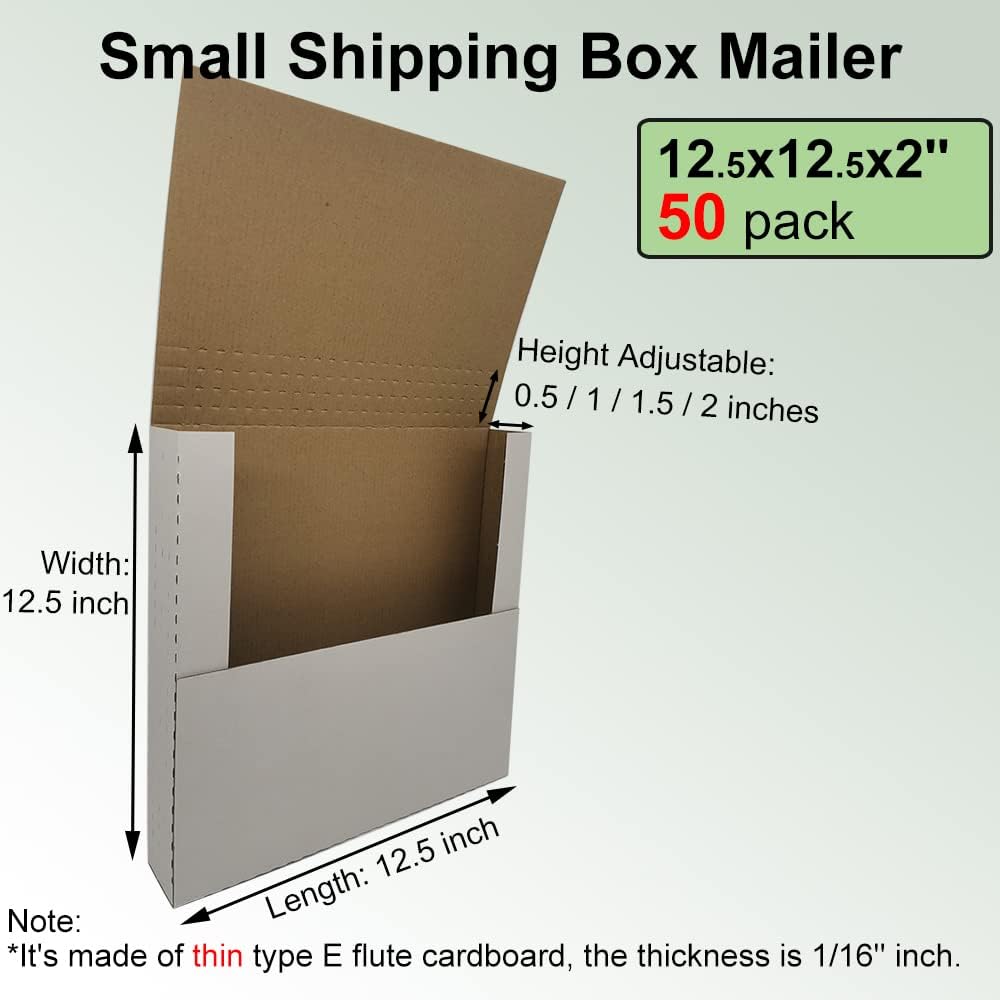 50 Pack 12‘’ Vinyl Record Mailers, 12.5x12.5x2'' Easy-Fold Height adj...