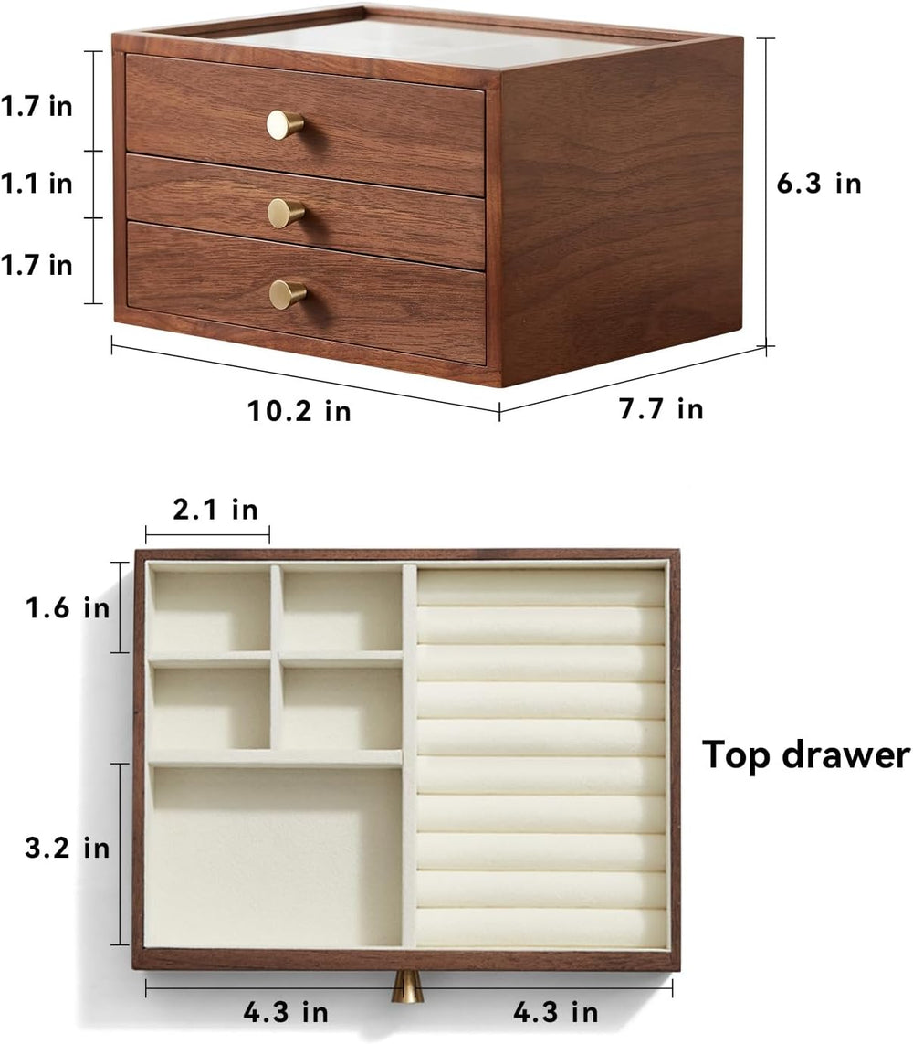 CHOSIN Black Walnut Jewelry Box Wood for Women with Glass Lid, 3 Layer