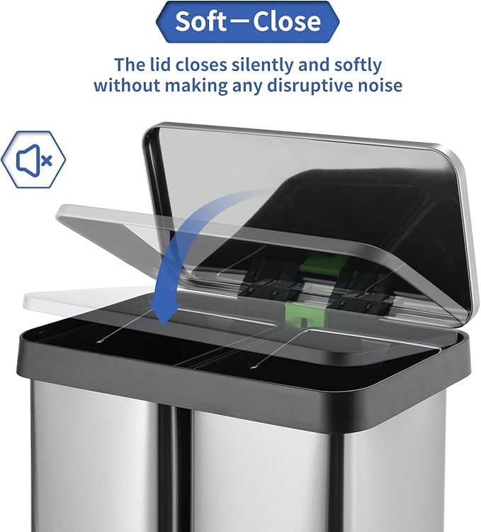 16 Gallon Dual Compartment Trash Can, Hands-Free Recycling Rectangular Garbage - Image 4