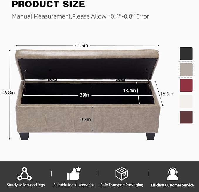 Faux Leather Ottoman with Storage, 42 Inch Rectangular Storage Ottoman Bench - Image 2