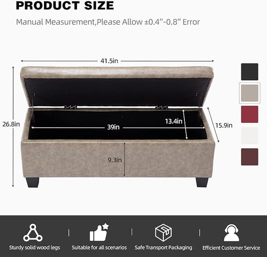 Faux Leather Ottoman with Storage, 42 Inch Rectangular Storage Ottoman Bench - Image 2