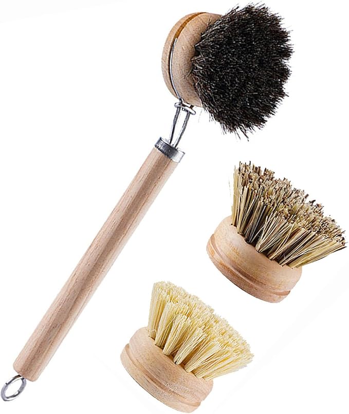 Bamboo Dish Brush with Handle, 1 Sturdy Wooden Handle with 3 Natural Bristle by Unknown
