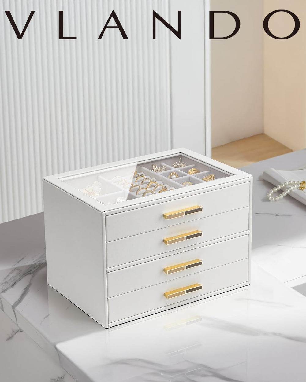 VLANDO Jewelry Box Organizer, 7-Layer Storage Drawers, Glass Window, Modern