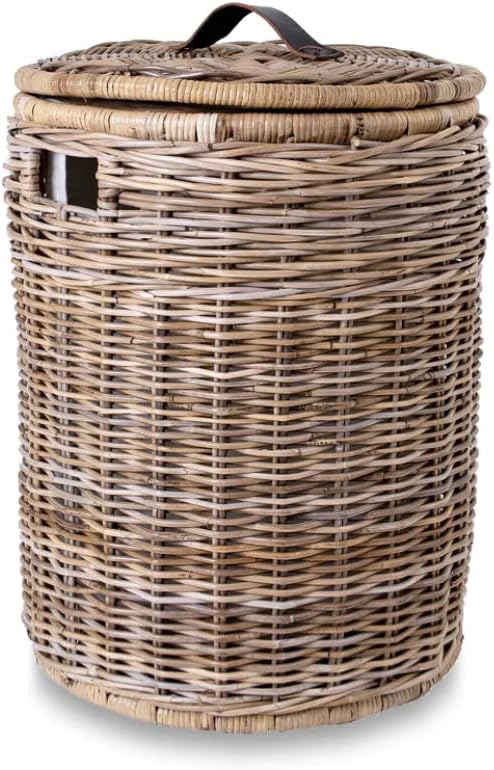 The Basket Lady Round Wicker Laundry Hamper, XL, Serene Grey