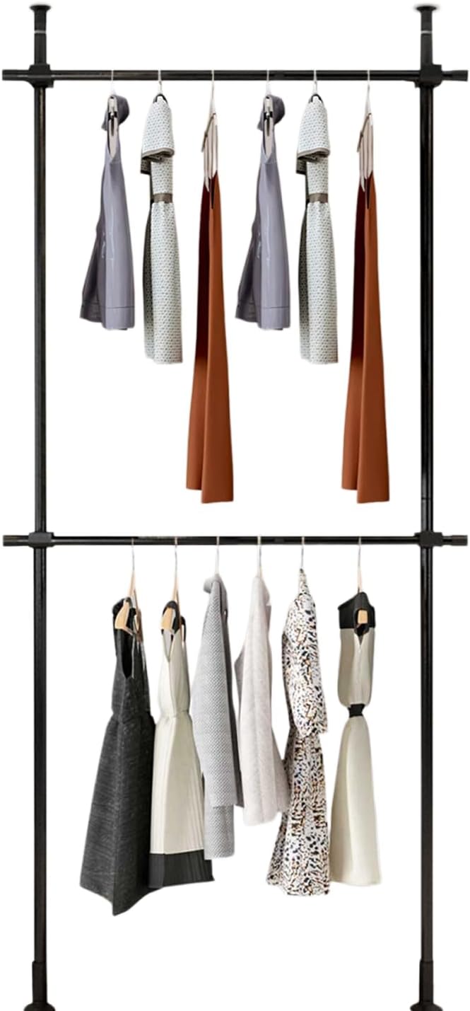 Heavy-Duty Floor to Ceiling Drying Rack, 2-Tier Double Rod Clothing Organizer with Adjustable Height & Width, 220LB Capacity No-Drill Closet System for Laundry Room, Bedroom, Closet