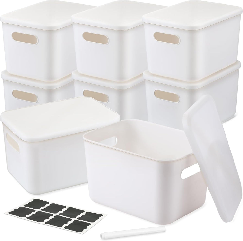 BBTO 8 Pcs White Plastic Storage Bins with Lids Organizing Container with Han...