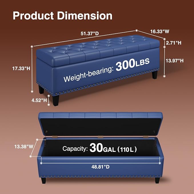 Storage Ottoman Bench, 51-Inch Large Storage Bench - Image 2