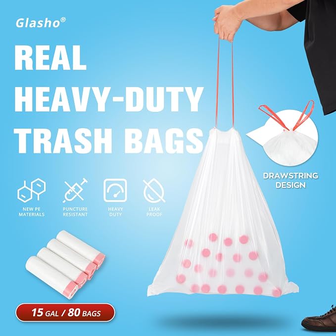 Ultra Thick Heavy Duty Plastic 15 Gallon Drawstring Trash Bags Large 80 Count - Image 2