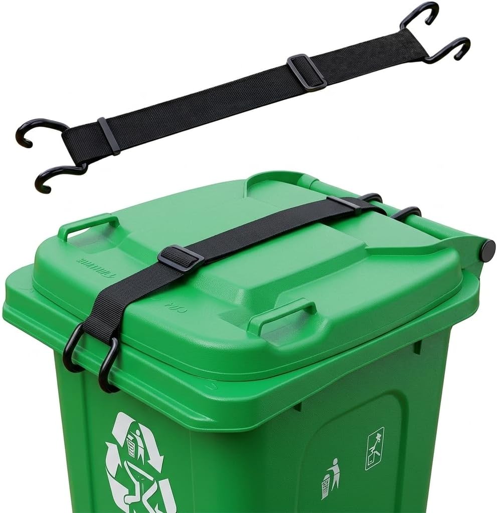 Metal Double Claw Trash Can Lid Lock | Animal‑proof, windproof strap with universal fit for 28–96 gallon bins. Adjustable non‑slip hooks and no‑drill lid closure