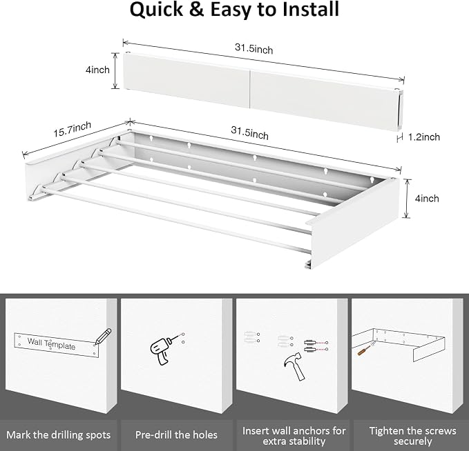 Laundry Drying Rack, Collapsible Wall Mounted Clothes Drying Rack - Image 2