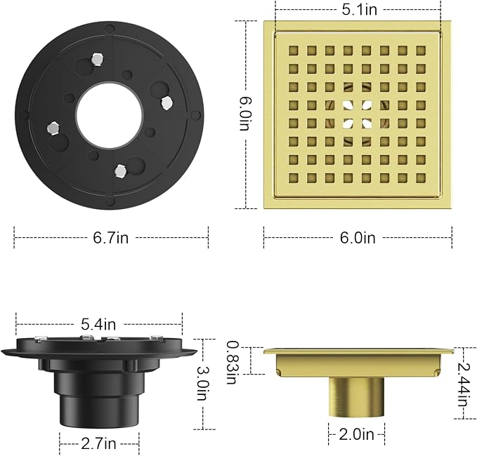 Shower Drain Brushed Gold 6 Inch, Square Floor Drain, Stainless Steel Drain Kit - Image 3