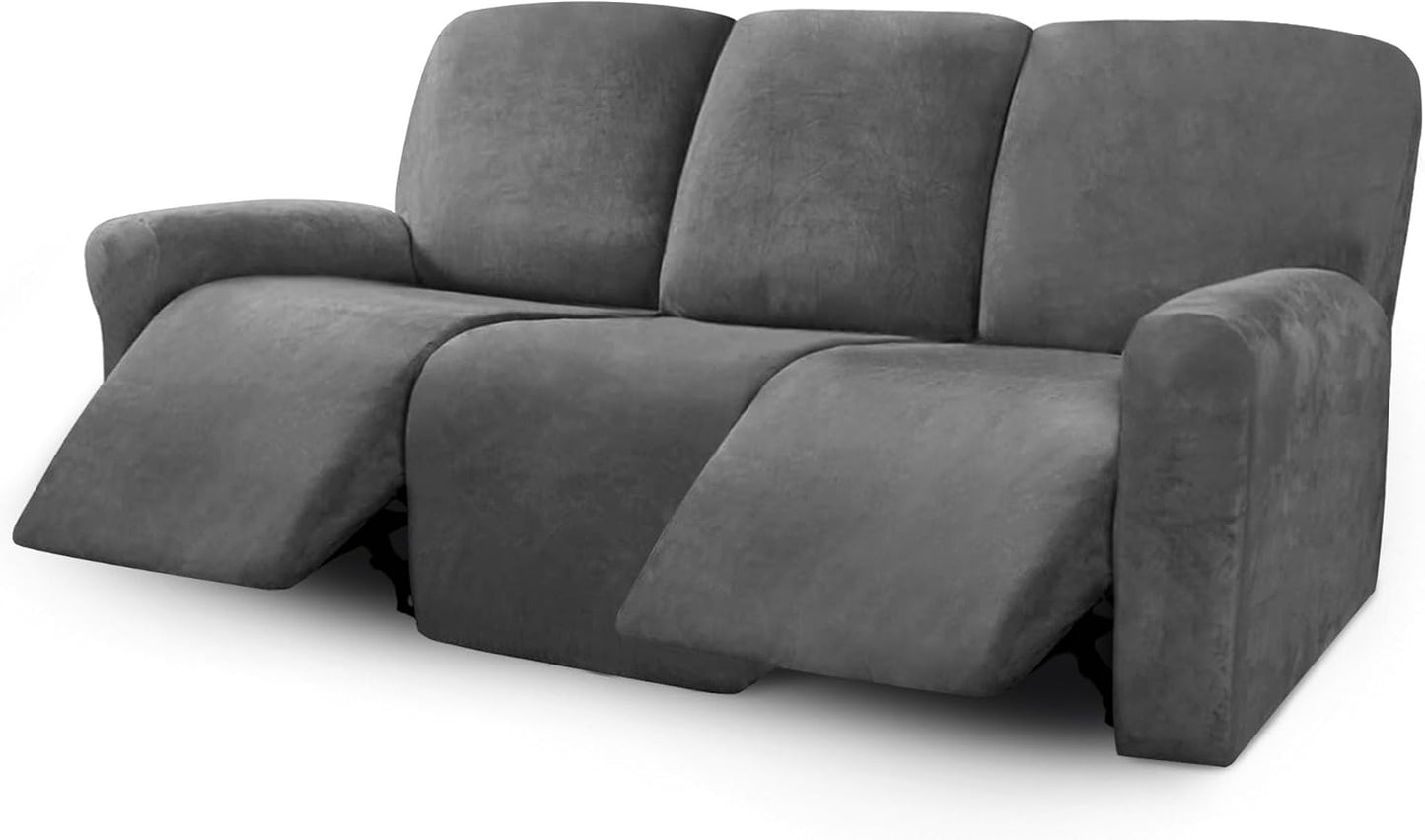 ULTICOR Velvet 8-Pieces Recliner Sofa Covers Stretch Reclining Couch Covers for 3 Cushion Reclining Sofa Slipcovers Furniture Covers Thick Soft Washable (3 Seater Recliner Cover, Dark Gray)
