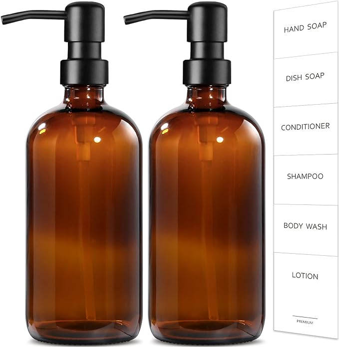 GMISUN Amber Glass Soap Dispenser, 2 Pack Bathroom Hand Soap Dispensers by GMISUN