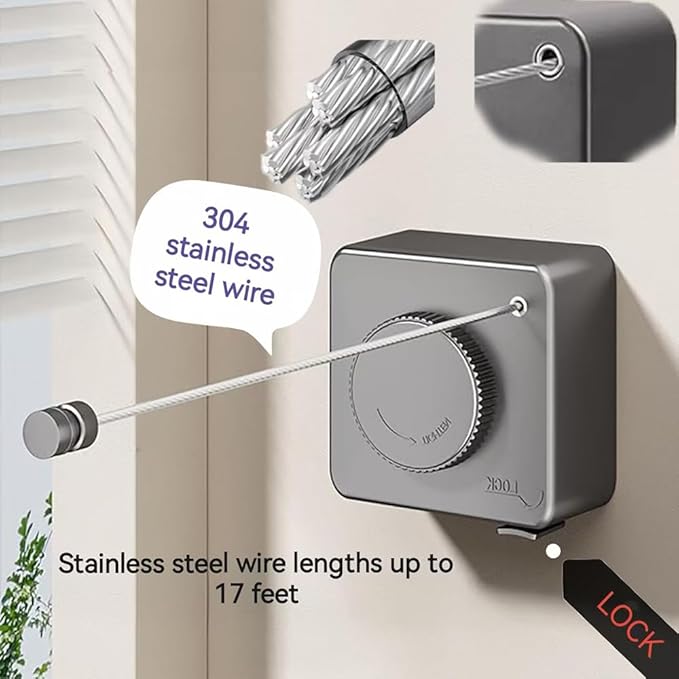 Retractable Clothesline, Wall Mounted, Stainless Steel, 17 Ft Indoor Outdoor - Image 2