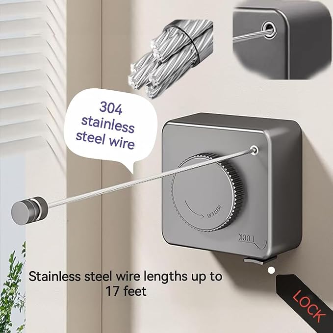 Retractable Clothesline, Wall Mounted, Stainless Steel, 17 Ft Indoor Outdoor - Image 2