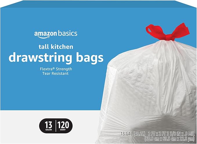 Amazon Basics Flextra Tall Kitchen Drawstring Trash Bags, 13 Gallon by AmazonBasics