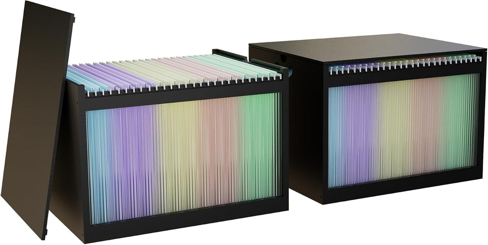 Bamboo Hanging File Organizer, Desktop File Box with Lids, 2 Pack, Black