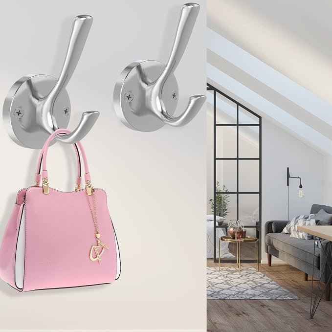 Brushed Nickel Wall Hooks, 4 Pack Heavy Duty Coat Towel Hook Metal Double Hook - Image 7