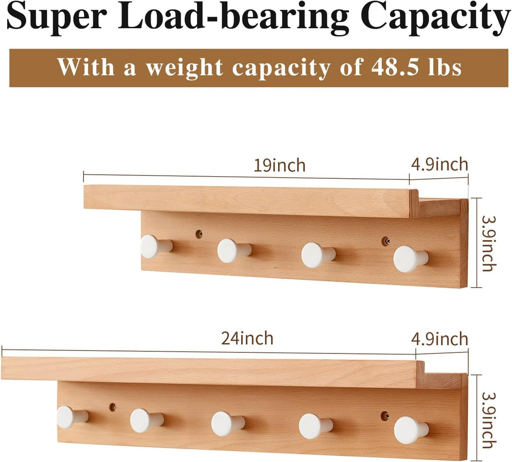 Wall Hooks with Shelf 24 inch, Beech Wood Entryway Wall with 5 Hooks, Floatin...