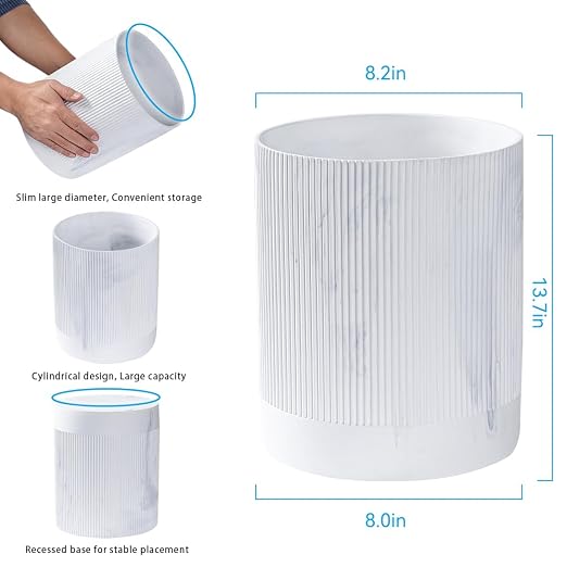 Polytree White Marble Stripe Wastebasket, Round Bathroom Trash Can 2.5 Gallon - Image 2