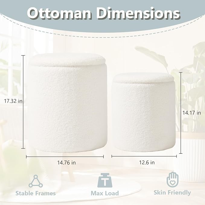 Boucle Round Ottoman with Storage Set of 2, Small Foot Stool Ottoman - Image 2
