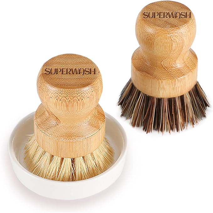 Bamboo Dish Brush with Ceramic Dish, Natural Bristle Palm Brush Pot Scrubber by SUPERWASHPLUS