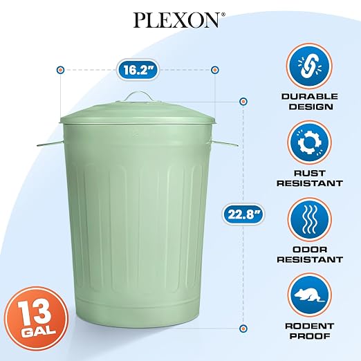 Plexon Round Trash Can 13 Gallon, Vintage Metal Outdoor Trash Can - Image 6
