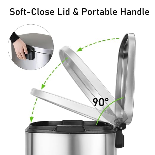 Arlopu 13.2+1.3 Gallon Step Trash Can, Stainless Steel Garbage Bin, Soft-Close - Image 8
