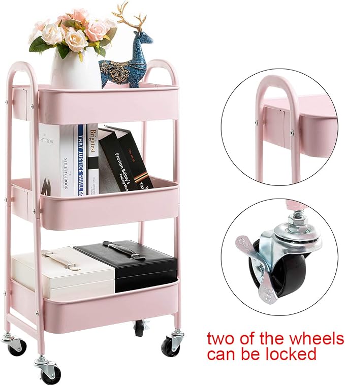 AGTEK Makeup Cart, Movable Rolling Organizer Cart, 3 Tier Metal Utility Cart - Image 5