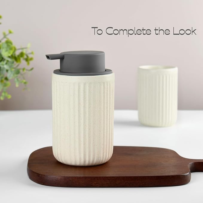 Beige Ceramic Foaming Soap Dispenser, Speckled Rippled 12 oz Bottle - Image 6