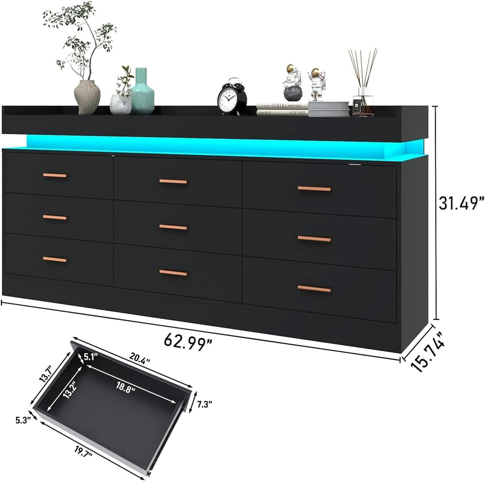 Hlivelood 9 Drawer Dresser with LED Light and Charging Station, Modern Chest ...
