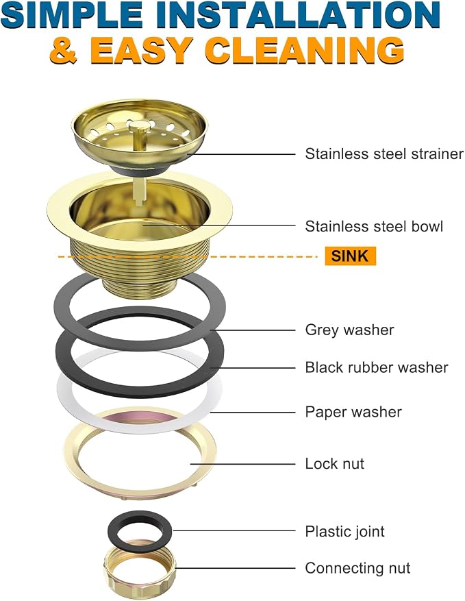 BOTEMY Stainless Steel Gold Sink Drain Strainer Kit 3-1/2 inch Kitchen Drain - Image 6