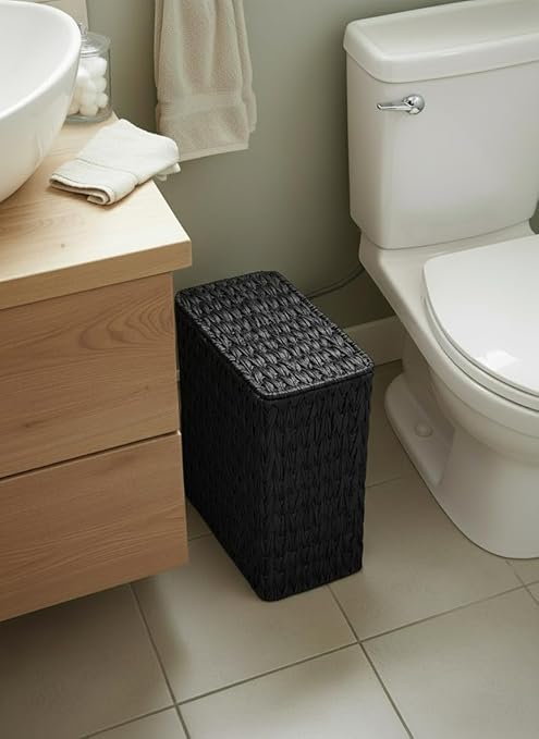 Black Wicker Trash Can with Lid and Liner, Waterproof Narrow Waste Basket - Image 2
