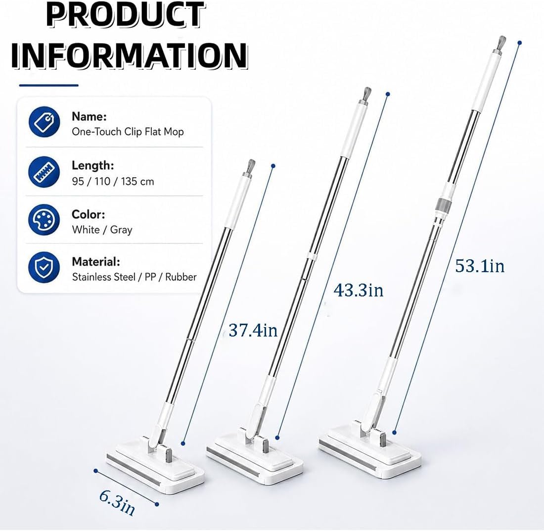 Hands-Free Multi-Purpose Flat Mop, 2026 New Hands Free Flat Mop One Click, Lazy Cleaning & Face Towel Cloth Changing Mini Mops, 360° Rotating Mops Head, for Floor, Wall, Bathroom (S(37.4in))