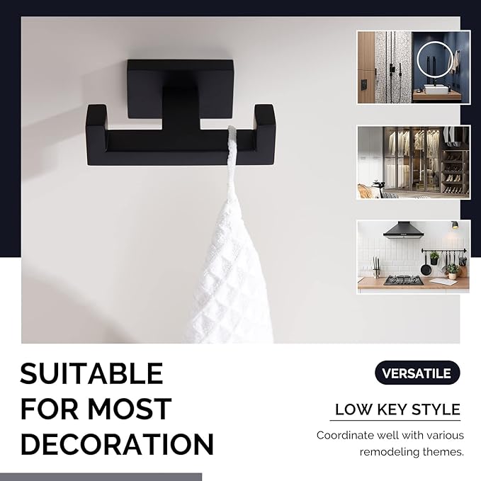 Angle Simple Double Towel Hook Matte Black, Stainless Steel Bathroom Towel - Image 7