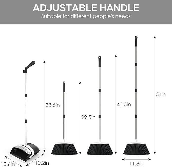Broom and Dustpan Set for Home, 51-in Long Adjustable Handle Angle Broom and - Image 2