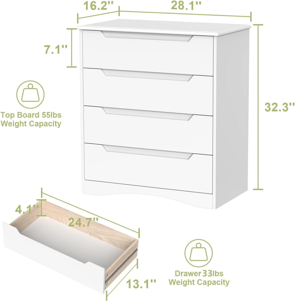 Gizoon 4 Drawer Dresser for Bedroom, Sturdy White Chest of Drawers, White