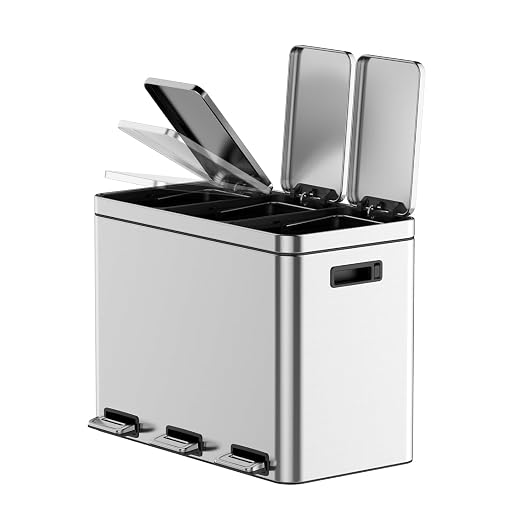 3 x 4 Gal Trash Can, Stainless Steel Triple Compartment Step-On Recycling Bin - Image 3