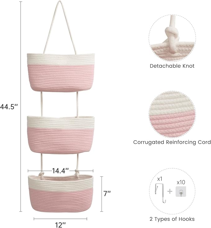 TeoKJ Over the Door Organizer, 3-Tier Woven Cotton Hanging Kitchen Baskets - Image 2