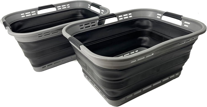 SAMMART Set of 2 Collapsible Plastic Storage Basket - Foldable Pop Up Storage Container - Portable Laundry Organizer - Space Saving Hamper (Grey/Black, 42L (Style A))
