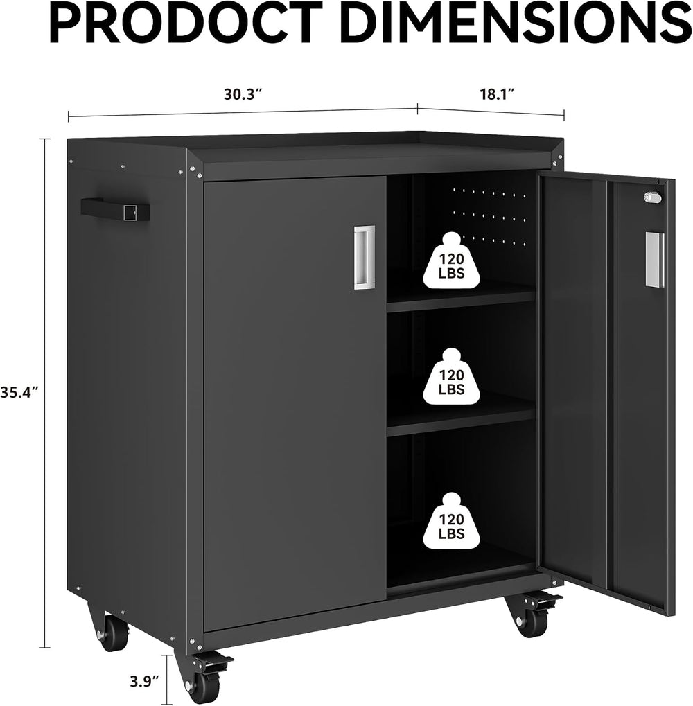 COFaR Heavy-Duty Rolling Storage Cabinet, 2-Door Metal Garage Cabinet with 2 ...