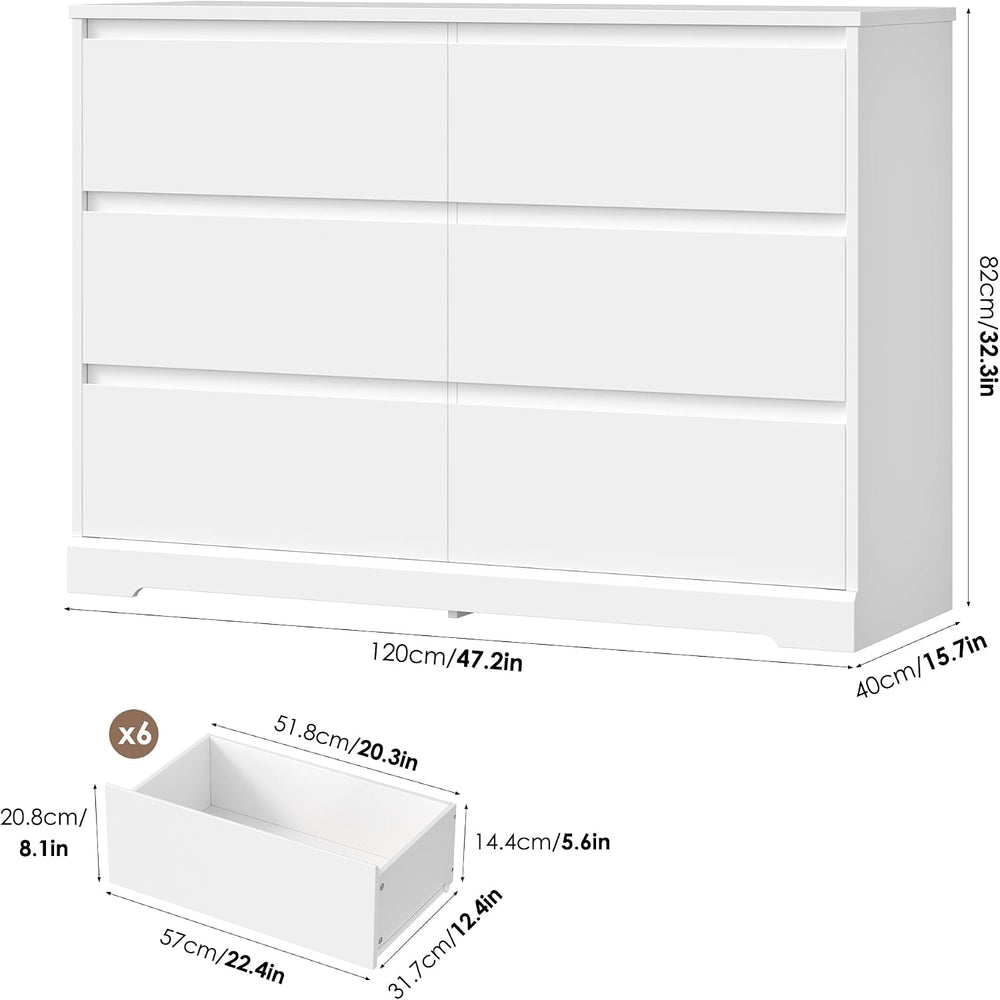 FOTOSOK White Dresser, Modern 6 Drawer Dresser, Bedroom Chest of Drawers