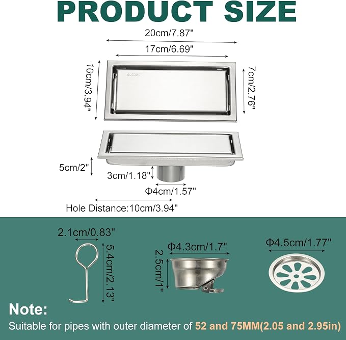 uxcell Rectangular Shower Drain, Brushed 304 Stainless Steel Odor-Proof Floor - Image 2