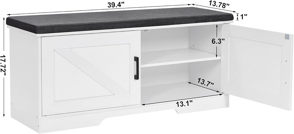HOMSHO Farmhouse Shoe Storage Bench with 2 Barn Doors & Padded Seat Cushion