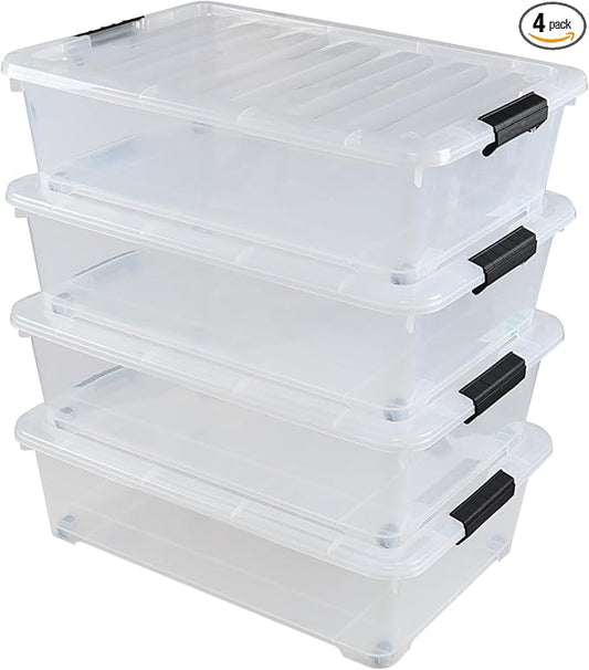 25 L Plastic Sturdy Rolling Under Bed Storage Container Bins, 4 Packs by Julyeen